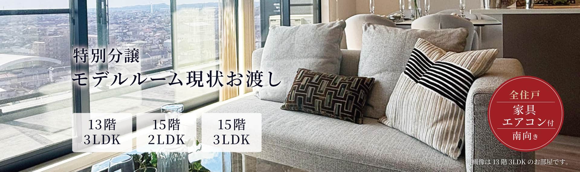 特別分譲 モデルルーム現状お渡し 家具・エアコン付き 全住戸南向き 対象住戸を見学する（先着順）