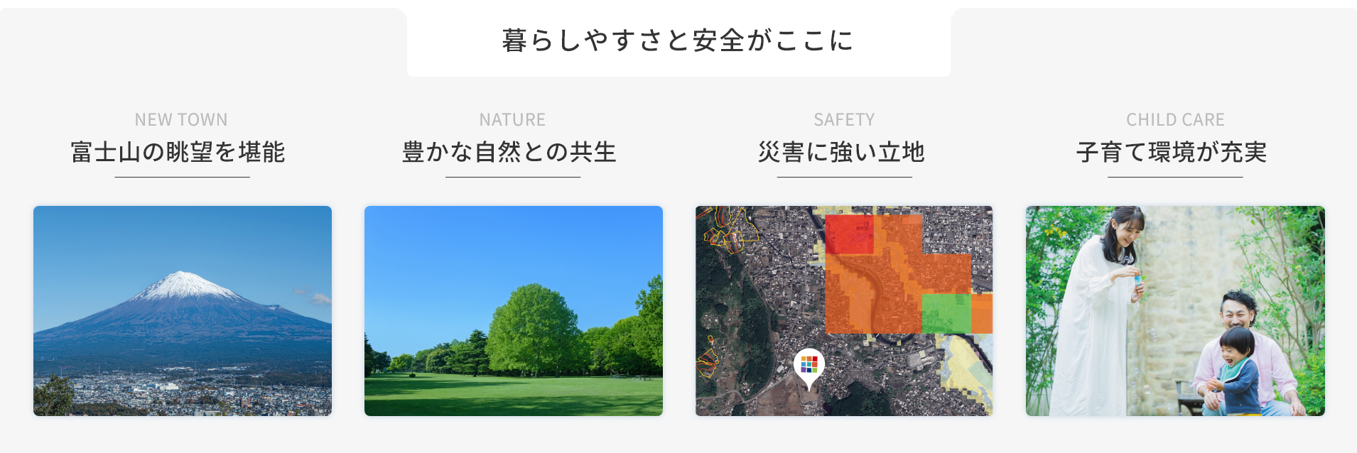 暮らしやすさと安全がここに 富士山の眺望を堪能 豊かな自然との共生 災害に強い立地 子育て環境が充実