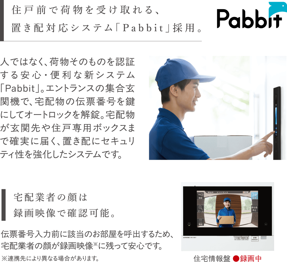 住戸前で荷物を受け取れる、置き配対応システム｢Pabbit｣採用。